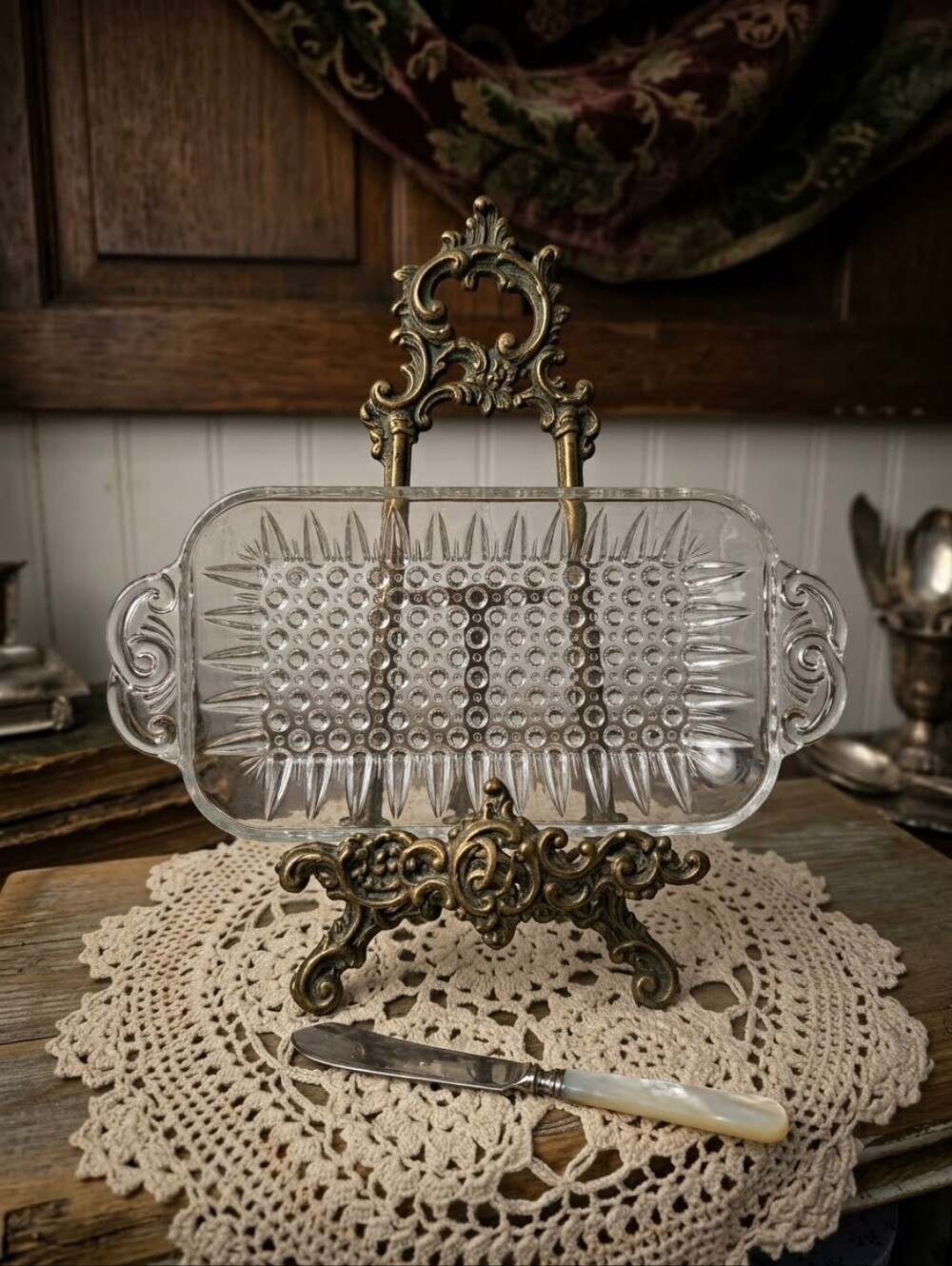 Vintage Clear Pressed Glass Relish Dish | Scrolled Handles & Bubble Pattern